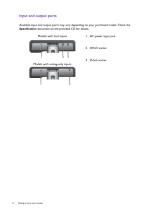 Page 88  Getting to know your monitor  
Input and output ports
Available input and output ports may vary depending on your purchased model. Check the 
Specification document on the provided CD for details. 
Models with dual inputs 1.  AC power input jack
2.  DVI-D socket
3.  D-Sub socket
Models with analog-only inputs
123
13
 