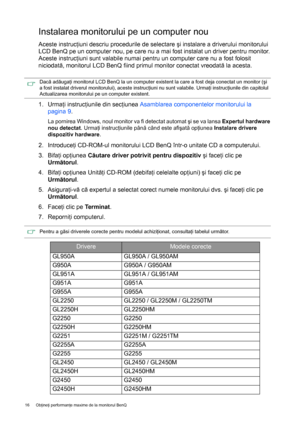 Page 1616 Obţineţi performanţe maxime de la monitorul BenQ  
Instalarea monitorului pe un computer nou
Aceste instrucţiuni descriu procedurile de selectare şi instalare a driverului monitorului 
LCD BenQ pe un computer nou, pe care nu a mai fost instalat un driver pentru monitor. 
Aceste instrucţiuni sunt valabile numai pentru un computer care nu a fost folosit 
niciodată, monitorul LCD BenQ fiind primul monitor conectat vreodată la acesta.
1. Urmaţi instrucţiunile din secţiunea Asamblarea componentelor...