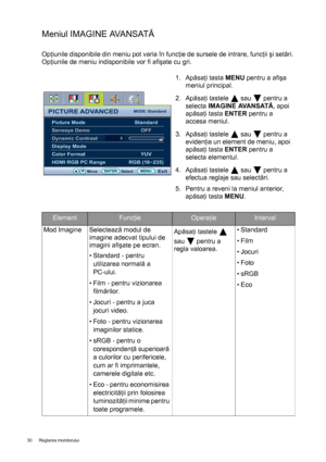 Page 3030  Reglarea monitorului  
M e n i u l  I M A G I N E  AVA N S ATĂ
Opţiunile disponibile din meniu pot varia în funcţie de sursele de intrare, funcţii şi setări. 
Opţiunile de meniu indisponibile vor fi afişate cu gri. 
1. Apăsaţi tasta MENU pentru a afişa 
meniul principal.
2. Apăsaţi tastele   sau   pentru a 
selecta IMAGINE AVANSATĂ, apoi 
apăsaţi tasta ENTER pentru a 
accesa meniul.
3. Apăsaţi tastele   sau   pentru a 
evidenţia un element de meniu, apoi 
apăsaţi tasta ENTER pentru a 
selecta...