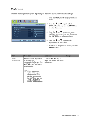 Page 21  21   How to adjust your monitor
Display menu
Available menu options may vary depending on the input sources, functions and settings.
1. Press the 
MENU key to display the main 
menu.
2. Press the   or   keys to select 
DISPLAY and then press the ENTER key 
to enter the menu.
3. Press the   or   keys to move the 
highlight to a menu item and then press 
the 
ENTER key to select that item.
4. Press the   or   keys to make 
adjustments or selections.
5. To return to the previous menu, press the 
MENU...