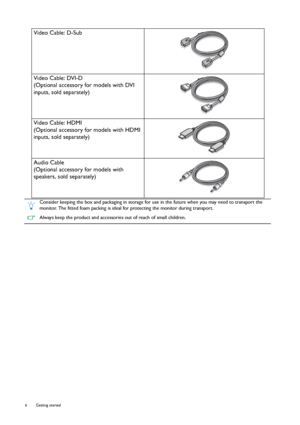 Page 66  Getting started  
Video Cable: D-Sub 
Video Cable: DVI-D
(Optional accessory for models with DVI 
inputs, sold separately)
Video Cable: HDMI
(Optional accessory for models with HDMI 
inputs, sold separately)
Audio Cable
(Optional accessory for models with 
speakers, sold separately)
Consider keeping the box and packaging in storage for use in the future when you may need to transport the 
monitor. The fitted foam packing is ideal for protecting the monitor during transport.
Always keep the product and...