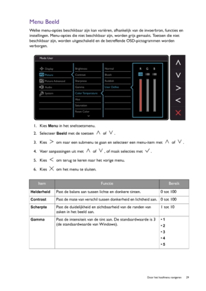 Page 29  29   Door het hoofmenu navigeren
Menu Beeld
Welke menu-opties beschikbaar zijn kan variëren, afhankelijk van de invoerbron, functies en 
instellingen. Menu-opties die niet beschikbaar zijn, worden grijs gemaakt. Toetsen die niet 
beschikbaar zijn, worden uitgeschakeld en de betreffende OSD-pictogrammen worden 
verborgen.
1.  Kies 
Menu in het sneltoetsmenu.
2.  Selecteer 
Beeld met de toetsen   of  .
3.  Kies   om naar een submenu te gaan en selecteer een menu-item met   of  .
4.  Voer aanpassingen uit...