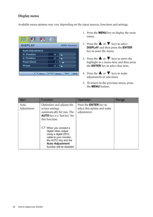 Page 2222  How to adjust your monitor  
Display menu
Available menu options may vary depending on the input sources, functions and settings.
1. Press the 
MENU key to display the main 
menu.
2. Press the   or   keys to select 
DISPLAY and then press the ENTER 
key to enter the menu.
3. Press the   or   keys to move the 
highlight to a menu item and then press 
the 
ENTER key to select that item.
4. Press the   or   keys to make 
adjustments or selections.
5. To return to the previous menu, press 
the 
MENU...