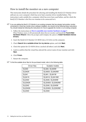 Page 1212  Getting the most from your BenQ monitor  
How to install the monitor on a new computer
This instruction details the procedure for selecting and installing the BenQ LCD Monitor driver 
software on a new computer which has never had a monitor driver installed before. This 
instruction is only suitable for a computer which has never been used before, and for which the 
BenQ LCD Monitor is the first ever monitor to be connected to it.
If you are adding the BenQ LCD Monitor to an existing computer that...