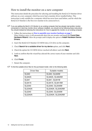 Page 1212  Getting the most from your BenQ monitor  
How to install the monitor on a new computer
This instruction details the procedure for selecting and installing the BenQ LCD Monitor driver 
software on a new computer which has never had a monitor driver installed before. This 
instruction is only suitable for a computer which has never been used before, and for which the 
BenQ LCD Monitor is the first ever monitor to be connected to it.
If you are adding the BenQ LCD Monitor to an existing computer that...