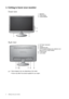 Page 66  Getting to know your monitor  
2. Getting to know your monitor
Front view
Back view
1. Speakers
2. Power button
3. Control buttons
4. AC Power Input jack
5. Line In
6. Headphone jack
7. DVI-D socket (Analog-only models do not 
have the DVI-D input socket)
8. D-Sub socket
9. Lock switch
2 3
11
495678
• Above diagram may vary depending on the model.
• Picture may differ from product supplied for your region.
 