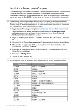 Page 1616  Optimale Benutzung des BenQ-Monitors  
Installation auf einem neuen Computer
Diese Anweisungen beschreiben, wie die BenQ LCD-Monitortreibersoftware auf einem neuen 
Computer installiert wird, auf dem noch nie ein Monitortreiber installiert war. Diese 
Anweisungen können nur dann angewendet werden, wenn der Computer noch nie gebraucht 
wurde, und wenn der BenQ LCD-Monitor der erste Monitor ist, der installiert werden soll.
1. Folgen Sie den Anweisungen in Kapitel 3: Installation der Monitor-Hardware...