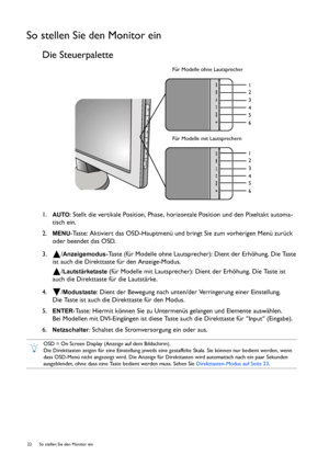 Page 2222  So stellen Sie den Monitor ein  
So stellen Sie den Monitor ein
Die Steuerpalette
1.AUTO: Stellt die vertikale Position, Phase, horizontale Position und den Pixeltakt automa-
tisch ein.
2.
MENU-Taste: Aktiviert das OSD-Hauptmenü und bringt Sie zum vorherigen Menü zurück 
oder beendet das OSD.
3. /
Anzeigemodus-Taste (für Modelle ohne Lautsprecher): Dient der Erhöhung. Die Taste 
ist auch die Direkttaste für den Anzeige-Modus.
/
Lautstärketaste (für Modelle mit Lautsprecher): Dient der Erhöhung. Die...