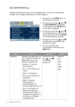 Page 3030  So stellen Sie den Monitor ein  
BILD ERWEITERT-Menü
Verfügbare Menüoptionen können von den Eingangsquellen, Funktionen und Einstellungen 
abhängen. Nicht verfügbare Menüoptionen werden ausgegraut. 
1. Drücken Sie auf die 
MENU-Taste, um 
das Hauptmenü aufzurufen.
2. Drücken Sie auf die Taste   oder  , 
um 
BILD ERWEITERT auszuwählen, 
und drücken Sie auf die 
ENTER-Taste, 
um zum Menü zu gelangen.
3. Drücken Sie auf die Taste   oder  , 
um ein Menüelement zu markieren, und 
drücken Sie dann auf die...
