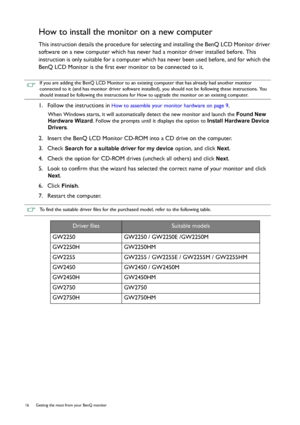 Page 1616  Getting the most from your BenQ monitor  
How to install the monitor on a new computer
This instruction details the procedure for selecting and installing the BenQ LCD Monitor driver 
software on a new computer which has never had a monitor driver installed before. This 
instruction is only suitable for a computer which has never been used before, and for which the 
BenQ LCD Monitor is the first ever monitor to be connected to it.
1.  Follow the instructions in
 How to assemble your monitor hardware...