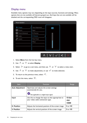 Page 2626  Navigating the main menu  
Display menu
Available menu options may vary depending on the input sources, functions and settings. Menu 
options that are not available will become grayed out. And keys that are not available will be 
disabled and the corresponding OSD icons will disappear.
1.  Select 
Menu from the hot key menu.
2.  Use   or   to select 
Display.
3.  Select   to go to a sub menu, and then use   or   to select a menu item.
4.  Use   or   to make adjustments, or use   to make selection.
5....