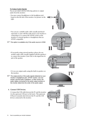 Page 1414  How to assemble your monitor hardware  
To Output Audio Signals
You are provided with the following options to output 
audio from the monitor:
• You may connect headphones to the headphone jack 
found on the left side of the monitor. See picture on the 
right.
 
• You can use a suitable audio cable (usually purchased 
separately or came with the audio device your monitor is 
connecting to) to connect the S/PDIF socket on the 
monitor to external speakers or headphones that are 
S/PDIF compatible....