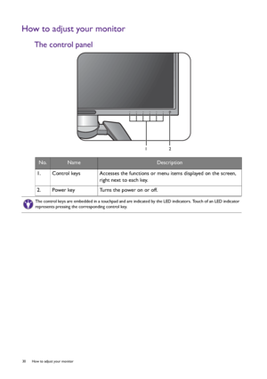 Page 3030  How to adjust your monitor  
How to adjust your monitor
The control panel
No.NameDescription
1.   Control keys Accesses the functions or menu items displayed on the screen, 
right next to each key.
2.   Power key Turns the power on or off.
12
The control keys are embedded in a touchpad and are indicated by the LED indicators. Touch of an LED indicator 
represents pressing the corresponding control key.
 