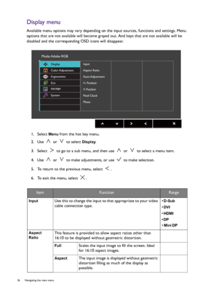 Page 3636  Navigating the main menu  
Display menu
Available menu options may vary depending on the input sources, functions and settings. Menu 
options that are not available will become grayed out. And keys that are not available will be 
disabled and the corresponding OSD icons will disappear.
1.  Select 
Menu from the hot key menu.
2.  Use   or   to select 
Display.
3.  Select   to go to a sub menu, and then use   or   to select a menu item.
4.  Use   or   to make adjustments, or use   to make selection.
5....