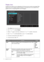 Page 3636  Navigating the main menu  
Display menu
Available menu options may vary depending on the input sources, functions and settings. Menu 
options that are not available will become grayed out. And keys that are not available will be 
disabled and the corresponding OSD icons will disappear.
1.  Select 
Menu from the hot key menu.
2.  Use   or   to select 
Display.
3.  Select   to go to a sub menu, and then use   or   to select a menu item.
4.  Use   or   to make adjustments, or use   to make selection.
5....