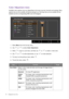 Page 3838  Navigating the main menu  
Color Adjustment menu
Available menu options may vary depending on the input sources, functions and settings. Menu 
options that are not available will become grayed out. And keys that are not available will be 
disabled and the corresponding OSD icons will disappear.
1.  Select 
Menu from the hot key menu.
2.  Use   or   to select 
Color Adjustment.
3.  Select   to go to a sub menu, and then use   or   to select a menu item.
4.  Use   or   to make adjustments, or use   to...