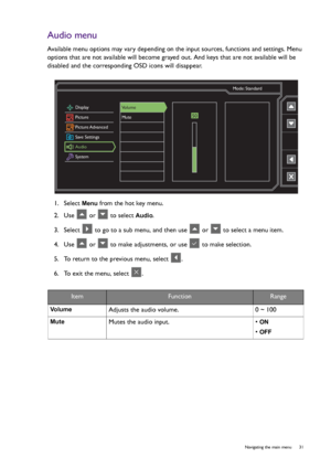 Page 31  31   Navigating the main menu
Audio menu
Available menu options may vary depending on the input sources, functions and settings. Menu 
options that are not available will become grayed out. And keys that are not available will be 
disabled and the corresponding OSD icons will disappear.
1.  Select 
Menu from the hot key menu.
2.  Use   or   to select 
Audio.
3.  Select   to go to a sub menu, and then use   or   to select a menu item.
4.  Use   or   to make adjustments, or use   to make selection.
5....