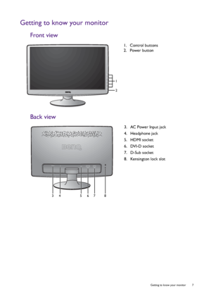 Page 7  7   Getting to know your monitor
Getting to know your monitor
Front view
Back view
1.  Control buttons
2.  Power button
1
2
3.  AC Power Input jack
4.  Headphone jack
5.  HDMI socket
6.  DVI-D socket
7.  D-Sub socket
8.  Kensington lock slot
34 567 8
 