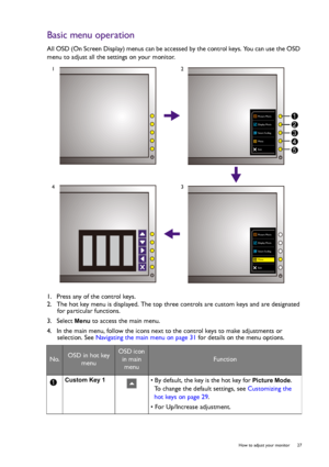 Page 27  27   How to adjust your monitor
Basic menu operation
All OSD (On Screen Display) menus can be accessed by the control keys. You can use the OSD 
menu to adjust all the settings on your monitor.
1.  Press any of the control keys.
2.  The hot key menu is displayed. The top three controls are custom keys and are designated 
for particular functions.
3.  Select 
Menu to access the main menu.
4.  In the main menu, follow the icons next to the control keys to make adjustments or 
selection. See Navigating...