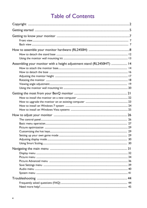 Page 44   
Table of Contents
Copyright ......................................................................................................................................2
Getting started  .............................................................................................................................5
Getting to know your monitor ................................................................................................7
Front view...