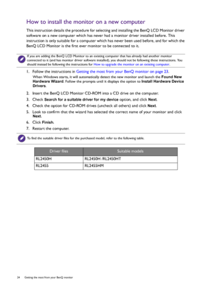 Page 2424  Getting the most from your BenQ monitor  
How to install the monitor on a new computer
This instruction details the procedure for selecting and installing the BenQ LCD Monitor driver 
software on a new computer which has never had a monitor driver installed before. This 
instruction is only suitable for a computer which has never been used before, and for which the 
BenQ LCD Monitor is the first ever monitor to be connected to it.
1.  Follow the instructions in Getting the most from your BenQ monitor...