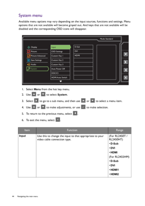 Page 4444  Navigating the main menu  
System menu
Available menu options may vary depending on the input sources, functions and settings. Menu 
options that are not available will become grayed out. And keys that are not available will be 
disabled and the corresponding OSD icons will disappear.
1.  Select 
Menu from the hot key menu.
2.  Use   or   to select 
System.
3.  Select   to go to a sub menu, and then use   or   to select a menu item.
4.  Use   or   to make adjustments, or use   to make selection.
5....