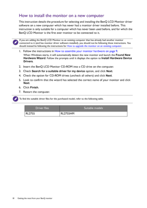 Page 1818  Getting the most from your BenQ monitor  
How to install the monitor on a new computer
This instruction details the procedure for selecting and installing the BenQ LCD Monitor driver 
software on a new computer which has never had a monitor driver installed before. This 
instruction is only suitable for a computer which has never been used before, and for which the 
BenQ LCD Monitor is the first ever monitor to be connected to it.
1.  Follow the instructions in How to assemble your monitor hardware...