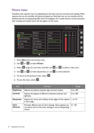 Page 3030  Navigating the main menu  
Picture menu
Available menu options may vary depending on the input sources, functions and settings. Menu 
options that are not available will become grayed out. And keys that are not available will be 
disabled and the corresponding OSD icons will disappear. For models without certain functions, 
their settings and related items will not appear on the menu.
1.  Select 
Menu from the hot key menu.
2.  Use   or   to select 
Picture.
3.  Select   to go to a sub menu, and then...