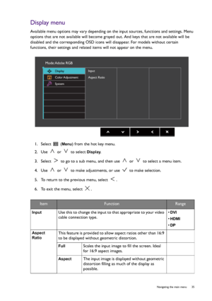 Page 35  35   Navigating the main menu
Display menu
Available menu options may vary depending on the input sources, functions and settings. Menu 
options that are not available will become grayed out. And keys that are not available will be 
disabled and the corresponding OSD icons will disappear. For models without certain 
functions, their settings and related items will not appear on the menu.
1.  Select   (
Menu) from the hot key menu.
2.  Use   or   to select 
Display.
3.  Select   to go to a sub menu, and...