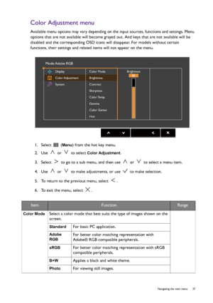 Page 37  37   Navigating the main menu
Color Adjustment menu
Available menu options may vary depending on the input sources, functions and settings. Menu 
options that are not available will become grayed out. And keys that are not available will be 
disabled and the corresponding OSD icons will disappear. For models without certain 
functions, their settings and related items will not appear on the menu. 
1.  Select   (
Menu) from the hot key menu.
2.  Use   or   to select 
Color Adjustment.
3.  Select   to go...