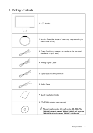 Page 3  3   Package contents
1. Package contents 
1. LCD Monitor
2. Monitor Base (the shape of base may vary according to 
the monitor model)
3. Power Cord (plug may vary according to the electrical 
standards for your area)
4. Analog Signal Cable
5. Digital Signal Cable (optional)
6. Audio Cable
7. Quick Installation Guide
8. CD-ROM (contains user manual)
Please install monitor drivers from the CD-ROM. The 
T2210HD driver is named BENQT2200HD.inf, and the 
T2210HDA driver is named BENQT2200HDA.inf.
 