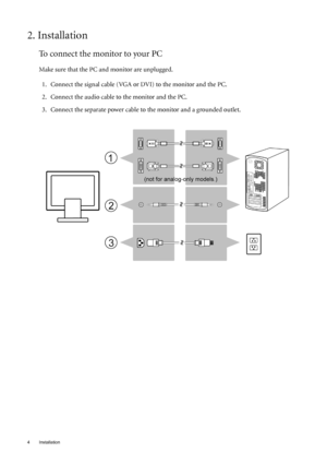 Page 44 Installation  
2. Installation
To connect the monitor to your PC
Make sure that the PC and monitor are unplugged.
1. Connect the signal cable (VGA or DVI) to the monitor and the PC.
2. Connect the audio cable to the monitor and the PC.
3. Connect the separate power cable to the monitor and a grounded outlet.
 