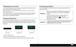 Page 6
- 3 -
Identifying parts and controls
1.The LED light indicates the state of working. During operation, the LE\
D Light is bright 
green. When dormant, the LED Light is orange.
2.The power button       is used to identify the state of power. You can\
 use the power 
button to control on & off.
3.The function keys are used for adjusting all settings. When you need s\
ome adjustment, 
you can achieve the goals by pressing any of the function menus. Details\
 for all the 
function menus are subsequently...