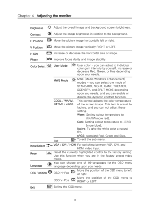 Page 11Chapter 4   Adjusting the monitor 
 
Brightness     Adjust the overall image and background screen brightness.
Contrast     
  Adjust the image brightness in relation to the background. 
H Position    
Move the picture image horizontally left or right. 
V Position   
  Move the picture image vertically RIGHT or LEFT. 
H Size        Increase or decrease the horizontal size of image. 
Phase   
      Improve focus clarity and image stability. 
User Mode    
User color - you can adjust to individual 
color...