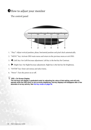 Page 2424  How to adjust your monitor  
How to adjust your monitor
The control panel
1. “i key”: Adjust vertical position, phase, horizontal position and pixel clock automatically.
2. “MENU” key: Activate OSD main menu and return to the previous menu or exit OSD.
3.
W (Left) key: For Left/Decrease adjustment. Left key is the hot key for Contrast.
4.  
X (Right) key: For Right/Increase adjustment. Right key is the hot key for Brightness.
5. “ENTER” key: Enter sub menus and select items.
6. “Power”: Turn the...