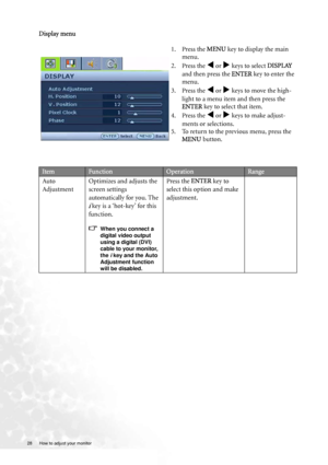 Page 2828  How to adjust your monitor  
Display menu
1. Press the MENU key to display the main 
menu.
2. Press the 
W or X keys to select DISPLAY 
and then press the ENTER key to enter the 
menu.
3. Press the 
W or X keys to move the high-
light to a menu item and then press the 
ENTER key to select that item.
4. Press the 
W or X keys to make adjust-
ments or selections.
5. To return to the previous menu, press the 
MENU button.
ItemFunctionOperationRange
Auto 
AdjustmentOptimizes and adjusts the 
screen...