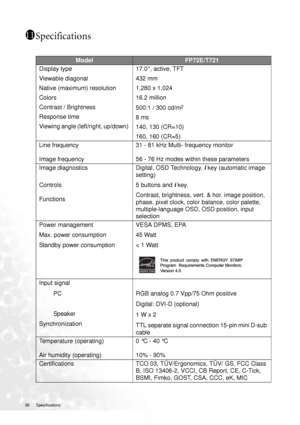 Page 3838 Specifications  
Specifications11
111
ModelFP72E/T721
Display type 
Viewable diagonal 
Native (maximum) resolution
Colors
Contrast / Brightness
Response time 
Viewing angle (left/right, up/down) 17.0”, active, TFT
432 mm
1,280 x 1,024
16.2 million
500:1 / 300 cd/m
2
8 ms 
140, 130 (CR=10)
160, 160 (CR=5)
Line frequency 
Image frequency31 - 81 kHz Multi- frequency monitor
56 - 76 Hz modes within these parameters
Image diagnostics 
Controls 
FunctionsDigital, OSD Technology, i key (automatic image...