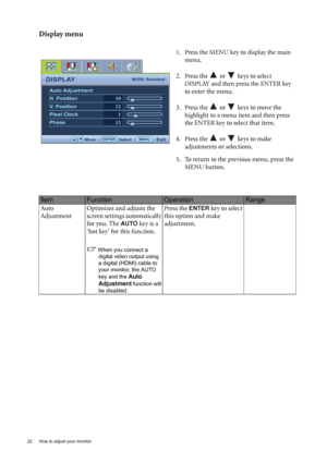 Page 2222  How to adjust your monitor  
Display menu
1. Press the MENU key to display the main 
menu.
2. Press the   or   keys to select 
DISPLAY and then press the ENTER key 
to enter the menu.
3. Press the   or   keys to move the 
highlight to a menu item and then press 
the ENTER key to select that item.
4. Press the   or   keys to make 
adjustments or selections.
5. To return to the previous menu, press the 
MENU button.
ItemFunctionOperationRange
Auto 
AdjustmentOptimizes and adjusts the 
screen settings...