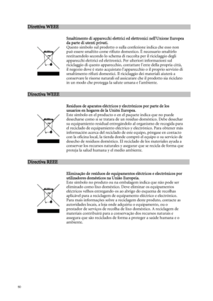 Page 5050   
Direttiva WEEE                                                       
 

Smaltimento di apparecchi elettrici ed elettronici nell'Unione Europea 
da parte di utenti privati. 
Questo simbolo sul prodotto o sulla confezione indica che esso non 
può essere smaltito come rifiuto domestico. È necessario smaltirlo 
restituendolo secondo lo schema di raccolta per il riciclaggio degli 
apparecchi elettrici ed elettronici. Per ulteriori informazioni sul 
riciclaggio di questo apparecchio, contattare...