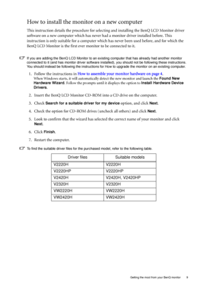 Page 13  9   Getting the most from your BenQ monitor
How to install the monitor on a new computer
This instruction details the procedure for selecting and installing the BenQ LCD Monitor driver 
software on a new computer which has never had a monitor driver installed before. This 
instruction is only suitable for a computer which has never been used before, and for which the 
BenQ LCD Monitor is the first ever monitor to be connected to it.
If you are adding the BenQ LCD Monitor to an existing computer that...