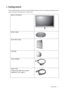 Page 5  1   Getting started
1. Getting started
When unpacking please check you have the following items. If any are missing or damaged, please 
contact the place of purchase for a replacement.
 
BenQ LCD Monitor
Monitor Base
Quick Start Guide
 
CD-ROM
 
Power Adapter
Power Cord
(Picture may differ from product 
supplied for your region.)
 