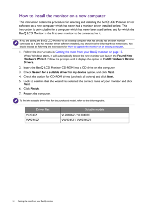 Page 1414  Getting the most from your BenQ monitor  
How to install the monitor on a new computer
This instruction details the procedure for selecting and installing the BenQ LCD Monitor driver 
software on a new computer which has never had a monitor driver installed before. This 
instruction is only suitable for a computer which has never been used before, and for which the 
BenQ LCD Monitor is the first ever monitor to be connected to it.
1.  Follow the instructions in Getting the most from your BenQ monitor...