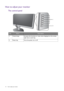 Page 1818  How to adjust your monitor  
How to adjust your monitor
The control panel
No.NameDescription
1.   Control keys Accesses the functions or menu items displayed on the screen, 
right next to each key.
2.   Power key Turns the power on or off.
1
2
 