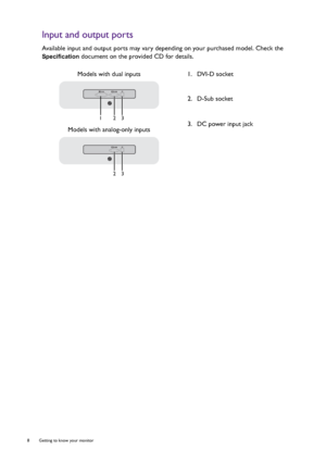 Page 88  Getting to know your monitor  
Input and output ports
Available input and output ports may vary depending on your purchased model. Check the 
Specification document on the provided CD for details.
Models with dual inputs 1.  DVI-D socket
2.  D-Sub socket
3.  DC power input jack
Models with analog-only inputs
123
23
 