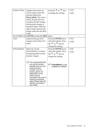 Page 27  27   How to adjust your monitor
Senseye Demo
Displays the preview of 
screen images under the 
selected mode from 
Picture Mode. The screen 
will be divided into two 
windows; the left window 
demonstrates images of 
Standard mode, while the 
right window presents the 
images under the specified 
mode.Press the t or u keys 
to change the settings. • ON
• OFF
For X2200W, Press ENTER to enter the MISC menu.
AMA Improves the gray level 
response time of the LCD 
panel.Press the ENTER key to 
select this...