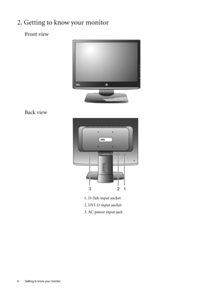 Page 66  Getting to know your monitor  
2. Getting to know your monitor
Front view
Back view 
1. D-Sub input socket
2. DVI-D input socket 
3. AC power input jack
 