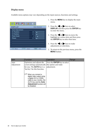 Page 2626  How to adjust your monitor  
Display menu
Available menu options may vary depending on the input sources, functions and settings.
1. Press the 
MENU key to display the main 
menu.
2. Press the   or   keys to select 
DISPLAY and then press the ENTER key 
to enter the menu.
3. Press the   or   keys to move the 
highlight to a menu item and then press 
the 
ENTER key to select that item.
4. Press the   or   keys to make 
adjustments or selections.
5. To return to the previous menu, press the 
MENU...