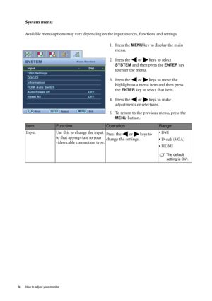Page 3636  How to adjust your monitor  
System menu
Available menu options may vary depending on the input sources, functions and settings.
1. Press the 
MENU key to display the main 
menu.
2. Press the   or   keys to select 
SYSTEM and then press the ENTER key 
to enter the menu.
3. Press the   or   keys to move the 
highlight to a menu item and then press 
the 
ENTER key to select that item.
4. Press the   or   keys to make 
adjustments or selections.
5. To return to the previous menu, press the 
MENU...