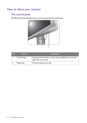 Page 2424  How to adjust your monitor  
How to adjust your monitor
The control panel
All OSD (On Screen Display) menus can be accessed by the control keys.
  
No.NameDescription
1.   Control keys Accesses the functions or menu items displayed on the screen, 
right next to each key.
2.   Power key Turns the power on or off.
12
 