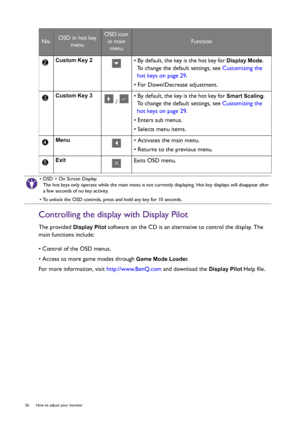 Page 2626  How to adjust your monitor  
Controlling the display with Display Pilot
The provided Display Pilot software on the CD is an alternative to control the display. The 
main functions include:
• Control of the OSD menus.
• Access to more game modes through 
Game Mode Loader.
For more information, visit http://www.BenQ.com and download the 
Display Pilot Help file.
Custom Key 2• By default, the key is the hot key for Display Mode. 
To change the default settings, see Customizing the 
hot keys on page 29....